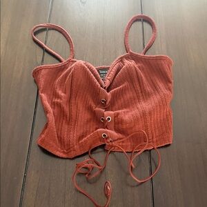 SHEIN Rust Lace-Up Ribbed Crop Top